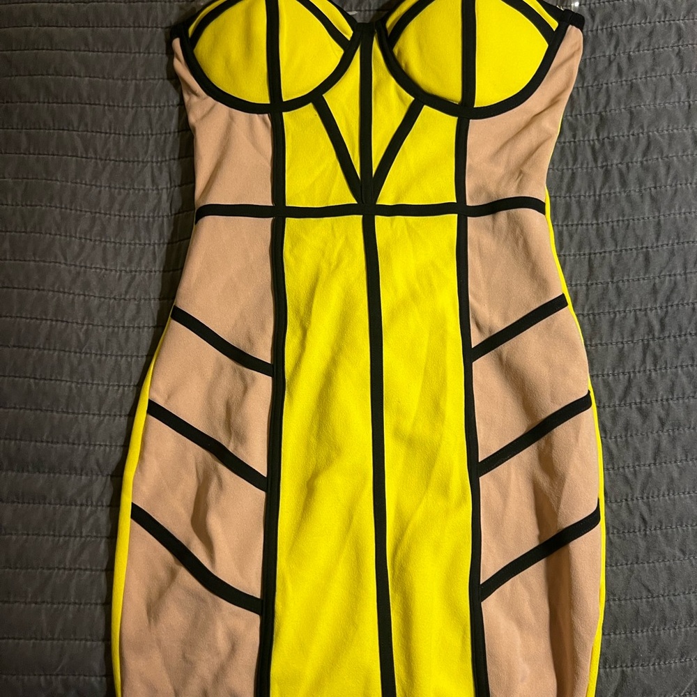 Yellow and Tan Strapless Dress